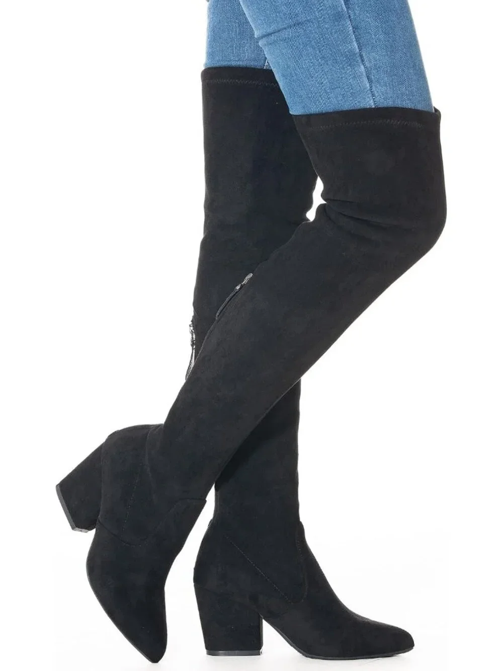Women's Black 3 Inches Pointed Toe Chunky Block Heel Over The Knee High Boots